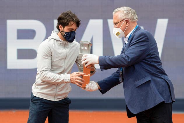 Minister of the Interior Herrmann presents the trophy to the winner Nikoloz Basilashvili GEO , Mens Singles, Award Ceremony, Presentation Tennis BMW Open 2021 ATP MTTC Iphitos Munich Germany 2 May 2021 Copyright: xJuergenxHasenkopfx