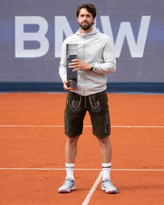 Winner Nikoloz Basilashvili GEO holds the cup, trophy and wears Bavarian Lederhosen, Mens Singles, rVictory Ceremony, Presentation Tennis BMW Open 2021 ATP MTTC Iphitos Munich Germany 2 May 2021 Copyright: xJuergenxHasenkopfx