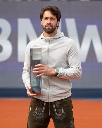 Winner Nikoloz Basilashvili GEO holds the cup, trophy and wears Bavarian Lederhosen, Mens Singles, rVictory Ceremony, Presentation Tennis BMW Open 2021 ATP MTTC Iphitos Munich Germany 2 May 2021 Copyright: xJuergenxHasenkopfx