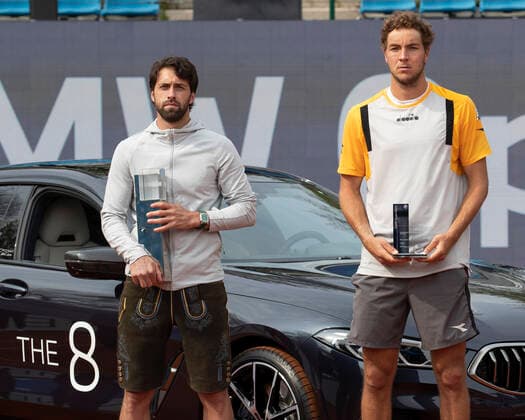 Winner Nikoloz Basilashvili GEO and finalist Jan Lennard Struff GER hold the cup, trophy, stand in front of BMW Mi850, Mens Singles, rVictory Ceremony, Presentation Tennis BMW Open 2021 ATP MTTC Iphitos Munich Germany 2 May 2021 Copyright: xJuergenxHasenkopfx