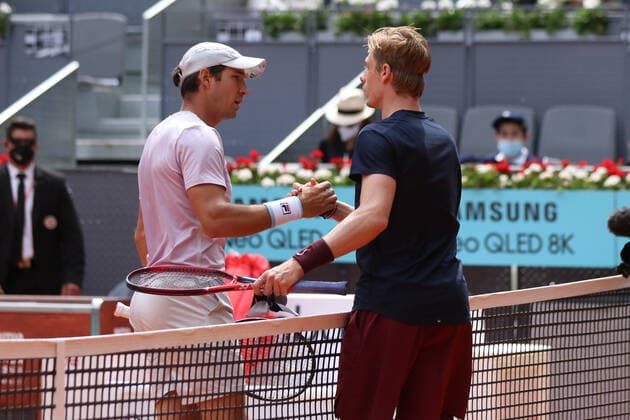 May 2, 2021, MADRID, MADRID, SPAIN: Denis Shapovalov of Canada in action during his Men s Singles Qualifying match against Dusan Lajovic of Serbia on the ATP, Tennis Herren Masters 1000 - Mutua Madrid Open 2021 at La Caja Magica on May 2, 2021 in Madrid, Spain. MADRID SPAIN - ZUMAa181 20210502_zaa_a181_126 Copyright: xOscarxJ.xBarrosox