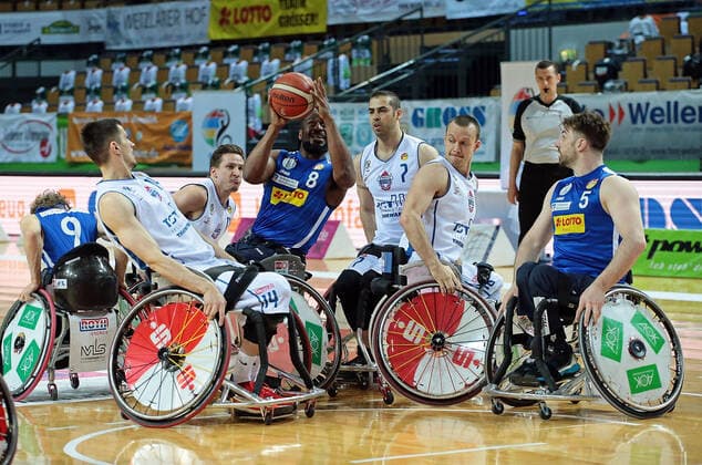 02 05 2021, xovx, Wheelchair Basketball Champions Cup 2021, Final, , RSB Thuringia Bulls RSV Lahn Dill v l Christopher Huber RSV Lahn Dill , Aliaksandr Halouski RSB Thuringia Bulls , Jens Albrecht RSB Thuringia Bulls , Brian Bell RSV Lahn Dill , Vahid Gholamazad RSB Thuringia Bulls , Andre Bienek RSB Thuringia Bulls , Simon Brown RSV Lahn Dill Wetzlar Rittal Arena Hessen Germany EN