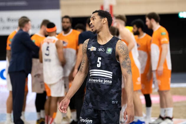BARMER 2 Basketball Bundesliga ProA Playoff Matchday 6 Season 2020 2021 on 02 5 2021 Rostock Seawolves vs Science City Jena center Zamal Nixon Jena deeply disappointed after 104 107 loss in Rostock and missed promotion Stadthalle Rostock