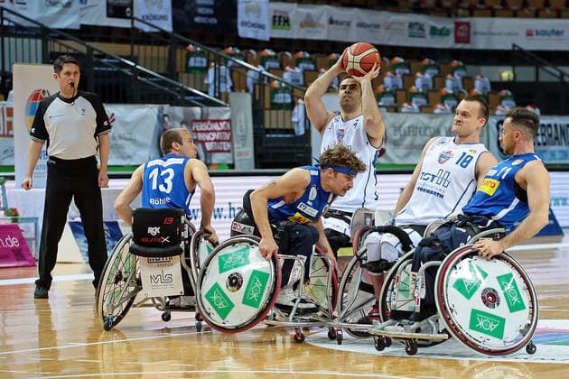 02 05 2021, xovx, Wheelchair Basketball Champions Cup 2021, Final, , RSB Thuringia Bulls RSV Lahn Dill v l Thomas Böhme RSV Lahn Dill , Christopher Huber RSV Lahn Dill , Vahid Gholamazad RSB Thuringia Bulls , Andre Bienek RSB Thuringia Bulls , Steve Serio RSV Lahn Dill Wetzlar Rittal Arena Hessen Germany EN