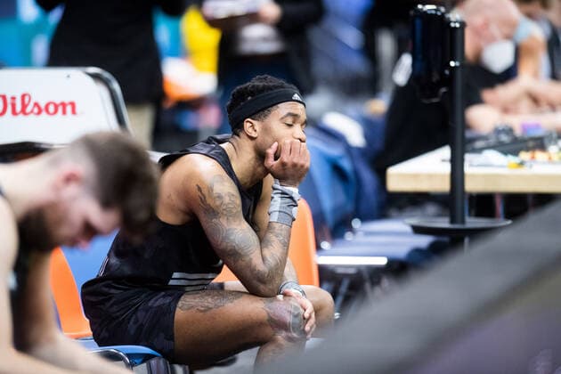 BARMER 2 Basketball Bundesliga ProA Playoff Matchday 6 Season 2020 2021 on 02 5 2021 Rostock Seawolves vs Science City Jena right Kasey Hill Jena deeply disappointed after missing out on promotion, after 104 107 loss in Rostock front Julius Wolf Jena Stadthalle Rostock