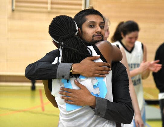 Womens 1 Basketball Bundesliga promotion match Capitol Bascats Qool Sharks Würzburg 02 05 2021 Coach Nash Kubendrarajah hugs Marquita Lashae Waller. HM