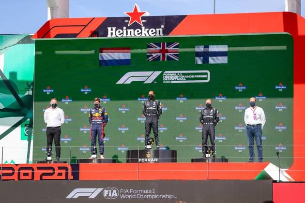 Portuguese Grand Prix, 02 05 2021. Lewis Hamilton (GBR), Mercedes AMG Petronas W12 on podium after victory celebrating during the Formula 1 Heineken Grande Premio De Portugal 2021 at the Algarve International Circuit, Portimao, Portugal on 2 May 2021 Portimao Portugal Editorial use only , Copyright: xPhilxDuncanx PSI-12618-0012