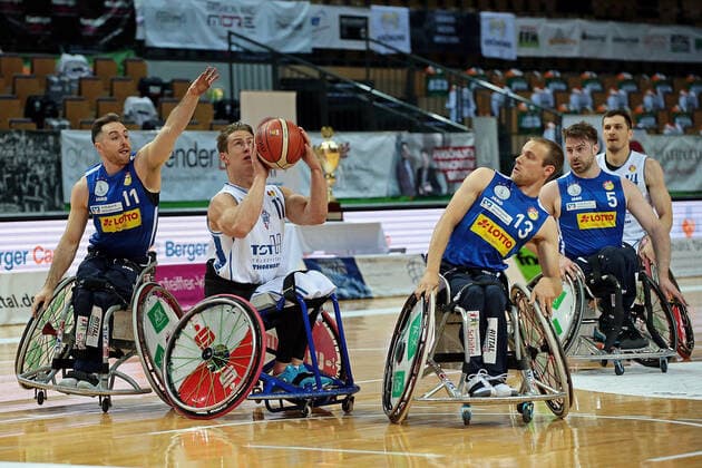 02 05 2021, xovx, Wheelchair Basketball Champions Cup 2021, Final, , RSB Thuringia Bulls RSV Lahn Dill v l Steve Serio RSV Lahn Dill , Karlis Podnieks RSB Thuringia Bulls , Thomas Böhme RSV Lahn Dill , Simon Brown RSV Lahn Dill , Aliaksandr Halouski RSB Thuringia Bulls Wetzlar Rittal Arena Hessen Germany EN