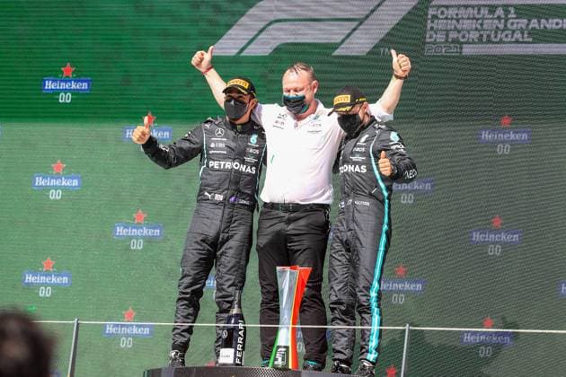 Portuguese Grand Prix, 02 05 2021. Lewis Hamilton (GBR), Mercedes AMG Petronas W12 on podium after victory celebrating with Valtteri Bottas (FIN), Mercedes AMG Petronas W12 during the Formula 1 Heineken Grande Premio De Portugal 2021 at the Algarve International Circuit, Portimao, Portugal on 2 May 2021 Portimao Portugal Editorial use only , Copyright: xPhilxDuncanx PSI-12618-0019
