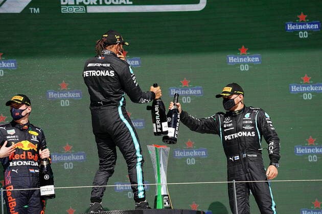 FORMULA 1 HEINEKEN PORTUGUESE GRAND PRIX 2021 02 05 2021, Autodromo Internacional do Algarve, Portimao, FORMULA 1 HEINEKEN PORTUGUESE GRAND PRIX 2021,in the picture winner Lewis Hamilton GBR 44 , Mercedes AMG Petronas Formula One Team, 2nd place for Max Verstappen NEL 33 , Red Bull Racing Honda, 3rd place for Valtteri Bottas FIN 77 , Mercedes AMG Petronas Formula One Team nordphotoxGmbHx xBratic nph00250