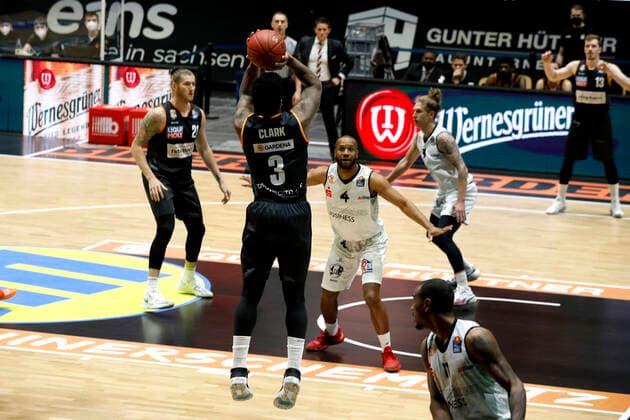 02 05 2021, easyCredit Basketball Bundesliga, BBL, season 2020 2021, men, Chemnitz Niners Ratiopharm Ulm Cameron Clark, Ratiopharm Ulm Chemnitz Fair Chemnitz Saxony Germany