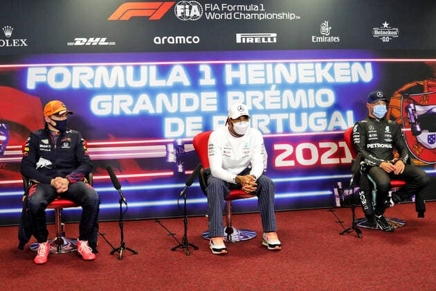 F1 Grand Prix of Portugal 33 Max Verstappen (NED, Red Bull Racing), 44 Lewis Hamilton (GBR, Mercedes-AMG Petronas F1 Team), 77 Valtteri Bottas (FIN, Mercedes-AMG Petronas F1 Team), F1 Grand Prix of Portugal at Autodromo Internacional do Algarve on May 2, 2021 in Portimao, Portugal. (Photo by xpbimages.com XPB Images FIA Pool via HOCH ZWEI) Portimao Portugal Poolfoto HOCH ZWEI Pool XPB Images ,EDITORIAL USE ONLY