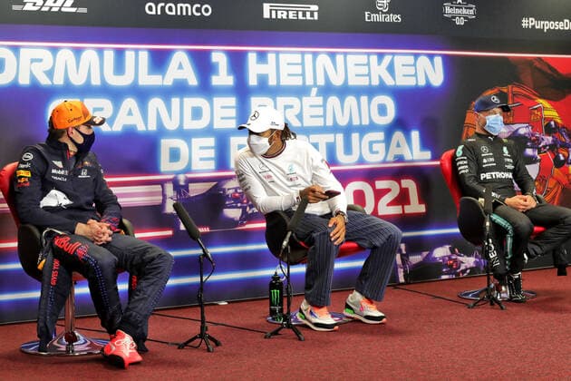 F1 Grand Prix of Portugal 33 Max Verstappen (NED, Red Bull Racing), 44 Lewis Hamilton (GBR, Mercedes-AMG Petronas F1 Team), 77 Valtteri Bottas (FIN, Mercedes-AMG Petronas F1 Team), F1 Grand Prix of Portugal at Autodromo Internacional do Algarve on May 2, 2021 in Portimao, Portugal. (Photo by xpbimages.com XPB Images FIA Pool via HOCH ZWEI) Portimao Portugal Poolfoto HOCH ZWEI Pool XPB Images ,EDITORIAL USE ONLY