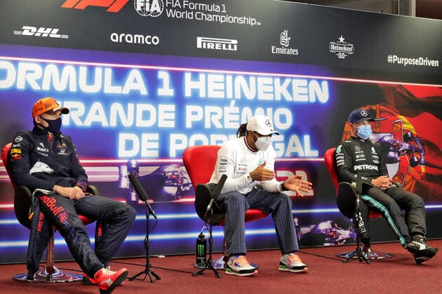 F1 Grand Prix of Portugal 33 Max Verstappen (NED, Red Bull Racing), 44 Lewis Hamilton (GBR, Mercedes-AMG Petronas F1 Team), 77 Valtteri Bottas (FIN, Mercedes-AMG Petronas F1 Team), F1 Grand Prix of Portugal at Autodromo Internacional do Algarve on May 2, 2021 in Portimao, Portugal. (Photo by xpbimages.com XPB Images FIA Pool via HOCH ZWEI) Portimao Portugal Poolfoto HOCH ZWEI Pool XPB Images ,EDITORIAL USE ONLY