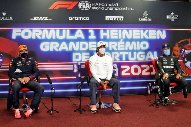 F1 Grand Prix of Portugal 33 Max Verstappen (NED, Red Bull Racing), 44 Lewis Hamilton (GBR, Mercedes-AMG Petronas F1 Team), 77 Valtteri Bottas (FIN, Mercedes-AMG Petronas F1 Team), F1 Grand Prix of Portugal at Autodromo Internacional do Algarve on May 2, 2021 in Portimao, Portugal. (Photo by xpbimages.com XPB Images FIA Pool via HOCH ZWEI) Portimao Portugal Poolfoto HOCH ZWEI Pool XPB Images ,EDITORIAL USE ONLY