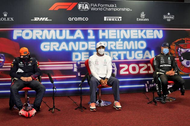 F1 Grand Prix of Portugal 33 Max Verstappen (NED, Red Bull Racing), 44 Lewis Hamilton (GBR, Mercedes-AMG Petronas F1 Team), 77 Valtteri Bottas (FIN, Mercedes-AMG Petronas F1 Team), F1 Grand Prix of Portugal at Autodromo Internacional do Algarve on May 2, 2021 in Portimao, Portugal. (Photo by xpbimages.com XPB Images FIA Pool via HOCH ZWEI) Portimao Portugal Poolfoto HOCH ZWEI Pool XPB Images ,EDITORIAL USE ONLY
