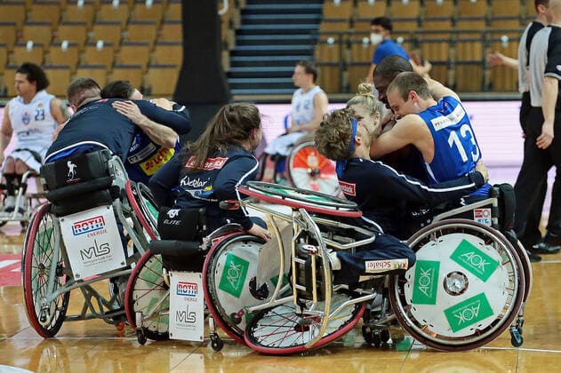 02 05 2021, xovx, wheelchair basketball champions cup 2021, final, , RSB Thuringia Bulls RSV Lahn Dill The players of RSV Lahn Dill celebrate the 71 67 victory against the Thuringia Bulls and the win of the Champions League Wetzlar Rittal Arena Hessen Germany EN