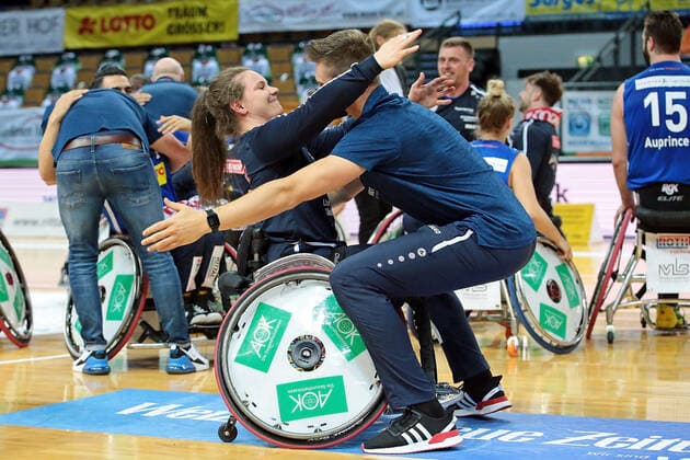 02 05 2021, xovx, wheelchair basketball champions cup 2021, final, , RSB Thuringia Bulls RSV Lahn Dill The players of RSV Lahn Dill celebrate the 71 67 victory against the Thuringia Bulls and the win of the Champions League Wetzlar Rittal Arena Hessen Germany EN