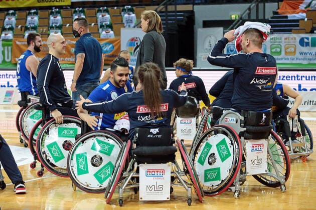 02 05 2021, xovx, wheelchair basketball champions cup 2021, final, , RSB Thuringia Bulls RSV Lahn Dill The players of RSV Lahn Dill celebrate the 71 67 victory against the Thuringia Bulls and the win of the Champions League Wetzlar Rittal Arena Hessen Germany EN
