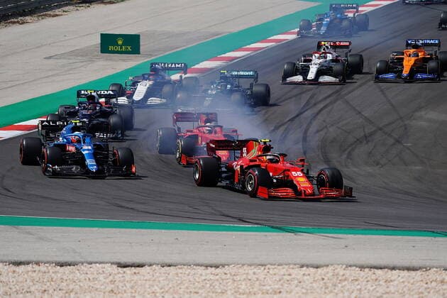 FORMULA 1 HEINEKEN PORTUGUESE GRAND PRIX 2021 02 05 2021, Autodromo Internacional do Algarve, Portimao, FORMULA 1 HEINEKEN PORTUGUESE GRAND PRIX 2021,in picture Carlos Sainz Jr ESP 55 , Scuderia Ferrari Mission Winnow, Esteban Ocon FRA 31 , Alpine F1 Team, Charles Leclerc MCO 16 , Scuderia Ferrari Mission Winnow, Pierre Gasly FRA 10 , Scuderia AlphaTauri Honda, Sebastian Vettel DEU 5 , Aston Martin Cognizant Formula One Team, George Russel GBR 63 , Williams Racing nordphotoxGmbHx xBratic nph00250