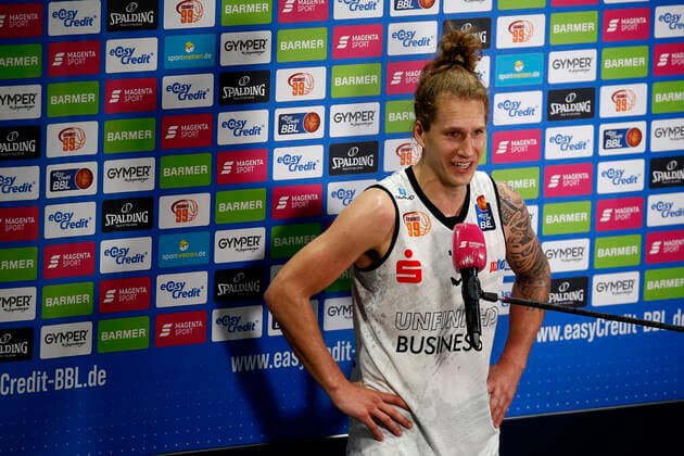 02 05 2021, easyCredit Basketball Bundesliga, BBL, season 2020 2021, men, Chemnitz Niners Ratiopharm Ulm Malte Ziegenhagen, Niners Chemnitz during interview Chemnitz Fair Chemnitz Saxony Germany