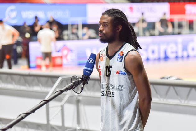 Chemnitz, Germany 02 May 2021 BBL 2020 2021 Niners Chemnitz vs Ratiopharm Ulm Marcus Thornton Chemnitz in an interview after the final whistle Messe Chemnitz Sachsen Copyright: xFotostandx xDostmannx
