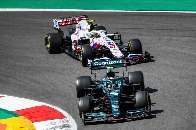 5 Sebastian Vettel GER, Aston Martin Cognizant F1 Team , 47 Mick Schumacher GER, Haas F1 Team , F1 Grand Prix of Portugal at Autodromo Internacional do Algarve on May 2, 2021 in Portimao, Portugal Photo by HOCH ZWEI Portimao Portugal