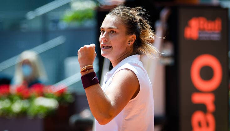 May 2, 2021, MADRID, MADRID, SPAIN: Aryna Sabalenka of Belarus in action during the second round of the 2021 Mutua Madrid Open WTA, Tennis Damen 1000 tournament against Daria Kasatkina of Russia MADRID SPAIN - ZUMAa181 20210502_zaa_a181_350 Copyright: xRobxPrangex