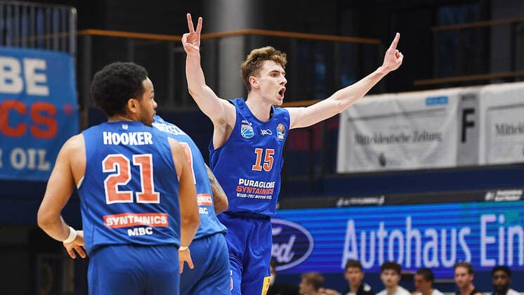 Basketball, 1 Bundesliga, season 2020 2021, 32 matchday, SYNTAINICS MBC Mitteldeutscher Basketball Club Weissenfels vs medi bayreuth 02 05 2021 Philipp Hartwich MBC Weissenfels, back number 15 centre and Quinton Hooker MBC Weissenfels, back number 21 during the game Weißenfels vs Bayreuth 02 05 2021 Weißenfels Sachsen Anhalt Germany Stadthalle Weißenfels
