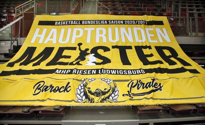 Banner in the MHP Arena MHP Riesen Ludwigsburg vs Telekom Baskets Bonn Basketball Bundesliga 2020 2021 Ludwigsburg , GER, 02 05 2021,