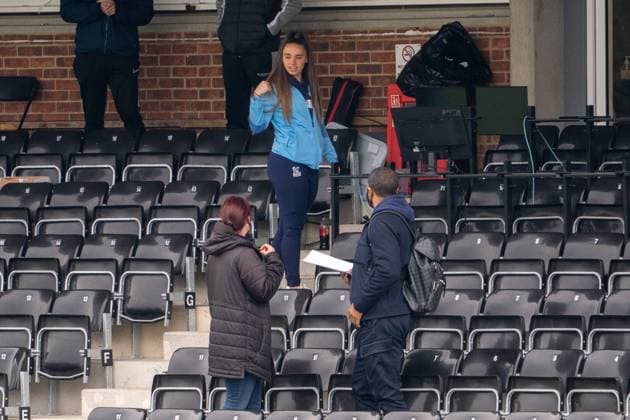 Bromley, England, March 25th 202 Leigh Nicol (6 Crystal Palace) in the stands ahead of the FA Womens Championship game between Crystal Palace and Lewes at Hayes Lane in Bromley, England. FA Womens Championship - Crystal Palace v Lewes 