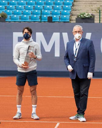 Minister of the Interior Herrmann hands over the cup to the winner Nikoloz Basilashvili GEO , Mens Singles, Award Ceremony, Presentation Copyright: xJuergenxHasenkopfx