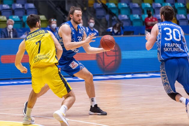 Fraport Skyliners EWE Baskets Oldenburg, easyCredit BBL Marco Voeller Fraport Skyliners, 33 Basketball match of the easyCredit BBL between Fraport Skyliners and EWE Baskets Oldenburg on 2 May 2021 at Fraport Arena in Frankfurt am Main , Frankfurt am Main Hesse Germany Fraport Arena