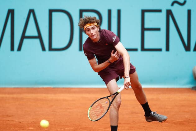May 3, 2021, MADRID, MADRID, SPAIN: Ugo Humbert of France in action during his Men s Singles match, round of 64, against Aslan Karatsev of Russia on the ATP, Tennis Herren Masters 1000 - Mutua Madrid Open 2021 at La Caja Magica on May 3, 2021 in Madrid, Spain. MADRID SPAIN - ZUMAa181 20210503_zaa_a181_013 Copyright: xOscarxJ.xBarrosox