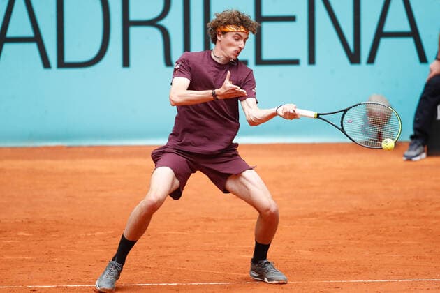 May 3, 2021, MADRID, MADRID, SPAIN: Ugo Humbert of France in action during his Men s Singles match, round of 64, against Aslan Karatsev of Russia on the ATP, Tennis Herren Masters 1000 - Mutua Madrid Open 2021 at La Caja Magica on May 3, 2021 in Madrid, Spain. MADRID SPAIN - ZUMAa181 20210503_zaa_a181_014 Copyright: xOscarxJ.xBarrosox