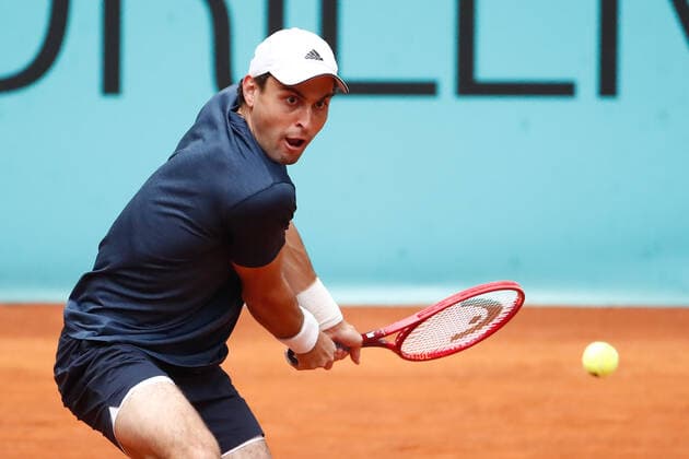 May 3, 2021, MADRID, MADRID, SPAIN: Aslan Karatsev of Russia in action during his Men s Singles match, round of 64, against Ugo Humbert of France on the ATP, Tennis Herren Masters 1000 - Mutua Madrid Open 2021 at La Caja Magica on May 3, 2021 in Madrid, Spain. MADRID SPAIN - ZUMAa181 20210503_zaa_a181_018 Copyright: xOscarxJ.xBarrosox