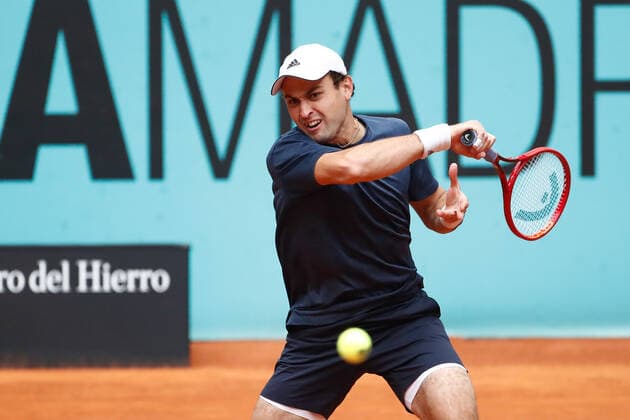May 3, 2021, MADRID, MADRID, SPAIN: Aslan Karatsev of Russia in action during his Men s Singles match, round of 64, against Ugo Humbert of France on the ATP, Tennis Herren Masters 1000 - Mutua Madrid Open 2021 at La Caja Magica on May 3, 2021 in Madrid, Spain. MADRID SPAIN - ZUMAa181 20210503_zaa_a181_019 Copyright: xOscarxJ.xBarrosox