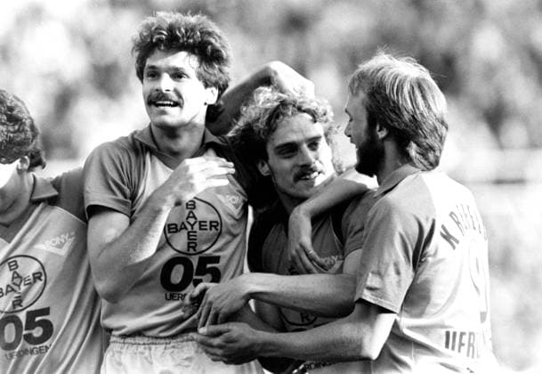 FEILZER Horst Team Bayer Uerdingen cheers after his goal against FC Schalke 04 Football Bundesliga season 1982 1983 Relegation match Bayer Uerdingen FC Schalke 04 in Krefeld on 15 06 1983