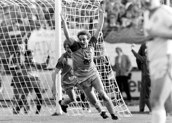 FEILZER Horst Team Bayer Uerdingen cheers after his goal against FC Schalke 04 Football Bundesliga season 1982 1983 Relegation match Bayer Uerdingen FC Schalke 04 in Krefeld on 15 06 1983