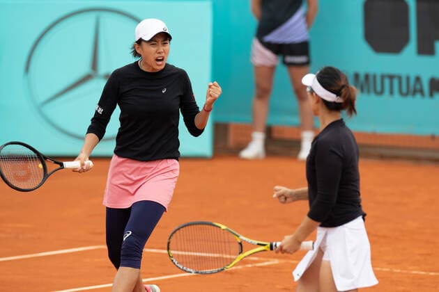 (210503) -- MADRID, May 3, 2021 -- China s Zhang Shuai (L) Xu Yifan celebrate victory after the women s doubles 2nd round between Zhang Shuai Xu Yifan of China and Canada s Sharon Fichman Mexico s Giuliana Olmos at Madrid Open in Caja Majica in Madrid, Spain, May 3, 2021. ) (SP)SPAIN-MADRID-TENNIS-MADRID OPEN-WOMEN S DOUBLES MengxDingbo 