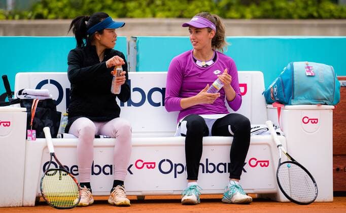 Mandatory Credit: Photo by Rob Prange Shutterstock (11876065z) Su-Wei Hsieh of Chinese Taipeh & Elise Mertens of Belgium playing doubles at the 2021 Mutua Madrid Open WTA, Tennis Damen 1000 tournament Mutua Madrid Open, Tennis, La Caja Magica, Madrid, Spain - 03 May 2021 Mutua Madrid Open, Tennis, La Caja Magica, Madrid, Spain - 03 May 2021  Copyright: xRobxPrange Shutterstockx 11876065z