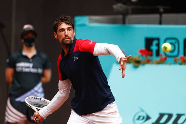 May 3, 2021, MADRID, MADRID, SPAIN: Jeremy Chardy of France in action during his Men s Singles match, round of 64, against Daniel Evans of Great Britain on the ATP, Tennis Herren Masters 1000 - Mutua Madrid Open 2021 at La Caja Magica on May 3, 2021 in Madrid, Spain. MADRID SPAIN - ZUMAa181 20210503_zaa_a181_069 Copyright: xOscarxJ.xBarrosox