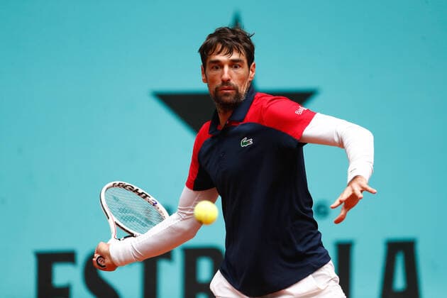 May 3, 2021, MADRID, MADRID, SPAIN: Jeremy Chardy of France in action during his Men s Singles match, round of 64, against Daniel Evans of Great Britain on the ATP, Tennis Herren Masters 1000 - Mutua Madrid Open 2021 at La Caja Magica on May 3, 2021 in Madrid, Spain. MADRID SPAIN - ZUMAa181 20210503_zaa_a181_072 Copyright: xOscarxJ.xBarrosox