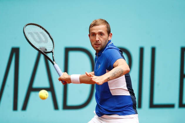 May 3, 2021, MADRID, MADRID, SPAIN: Daniel Evans of Great Britain in action during his Men s Singles match, round of 64, against Jeremy Chardy of France on the ATP, Tennis Herren Masters 1000 - Mutua Madrid Open 2021 at La Caja Magica on May 3, 2021 in Madrid, Spain. MADRID SPAIN - ZUMAa181 20210503_zaa_a181_076 Copyright: xOscarxJ.xBarrosox
