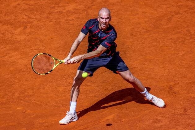 French tennis player Adrian Mannarino in action during his match against Spanish Carlos Alcaraz during their match at the Mutua Madrid Open tennis tournament game held at La Caja Magica tennis complex in Madrid, Spain, 03 May 2021. Adrian Mannarino vs Carlos Alcaraz !ACHTUNG: NUR REDAKTIONELLE NUTZUNG!  Copyright: xJuanJoxMartinx GRAF8266 20210503-637556587932874102