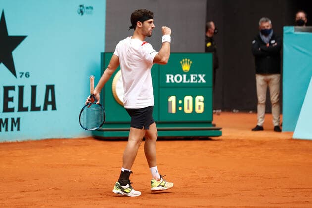 May 3, 2021, MADRID, MADRID, SPAIN: Carlos Taberner of Spain in action during his Men s Singles match, round of 64, against Fabio Fognini of Italy on the ATP, Tennis Herren Masters 1000 - Mutua Madrid Open 2021 at La Caja Magica on May 3, 2021 in Madrid, Spain. MADRID SPAIN - ZUMAa181 20210503_zaa_a181_180 Copyright: xOscarxJ.xBarrosox