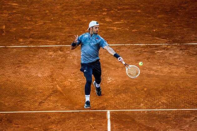 Spanish Fernando Verdasco in action against Chilean tennis player Christian Garin during their match at the Mutua Madrid Open tennis tournament game held at La Caja Magica tennis complex in Madrid, Spain, 03 May 2021. Mutua Madrid Open !ACHTUNG: NUR REDAKTIONELLE NUTZUNG!  Copyright: xJuanJoxMartinx GRAF8435 20210503-637556753175316395