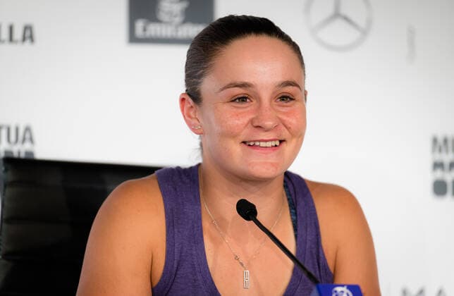 Mandatory Credit: Photo by Rob Prange Shutterstock (11876065dk) Ashleigh Barty of Australia talks to the media after winning her third round match at the 2021 Mutua Madrid Open WTA, Tennis Damen 1000 tournament Mutua Madrid Open, Tennis, La Caja Magica, Madrid, Spain - 03 May 2021 Mutua Madrid Open, Tennis, La Caja Magica, Madrid, Spain - 03 May 2021  Copyright: xRobxPrange Shutterstockx 11876065dk