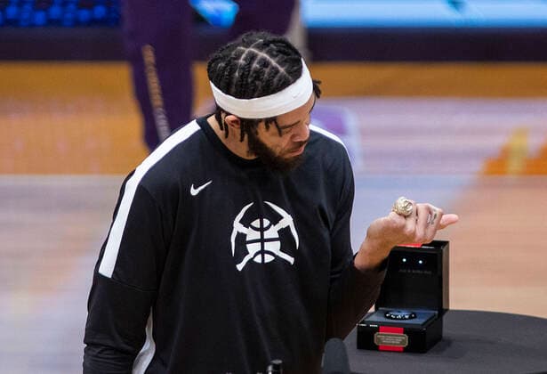 May 3, 2021, Los Angeles, California, USA: JaVale McGee 6 of the Denver Nuggets gets his Los Angeles Lakers championship ring prior to their regular season NBA, Basketball Herren, USA game with the Los Angeles Lakers on Monday May 3, 2021 at the Staples Center in Los Angeles, California. Los Angeles USA - ZUMAp124 20210503_zaa_p124_004 Copyright: xJAVIERxROJASx