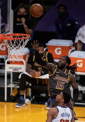 May 3, 2021, Los Angeles, California, USA: Montrezl Harrell 15 of the Los Angeles Lakers puts up a shot during their regular season NBA, Basketball Herren, USA game with the Denver Nuggets on Monday May 3, 2021 at the Staples Center in Los Angeles, California. Lakers defeat Nuggets, 93-89. PI Los Angeles USA - ZUMAp124 20210503_zaa_p124_013 Copyright: xJAVIERxROJASx